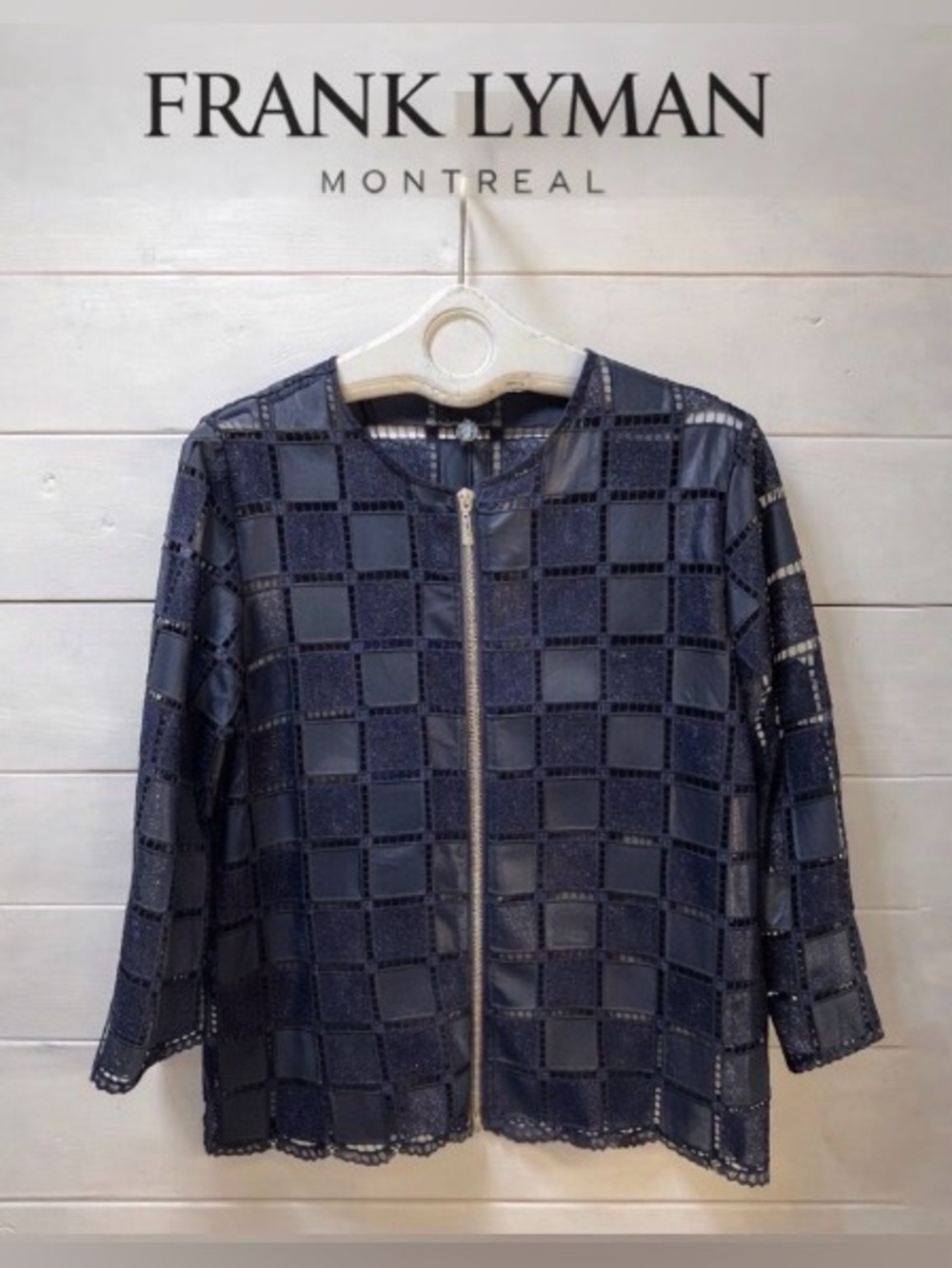 FRANK LYMAN NAVY FAUX LEATHER PATCHWORK JACKET – SIZE S